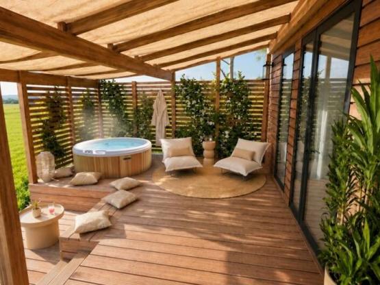 Mobil-home Cocoon, 2 dormitorios, 2 baños | PREMIUM+ -33 m²-SPA-aire acondicionado-TV-lavadora-plancha-terraza cubierta-paquete de viaje de 7 días