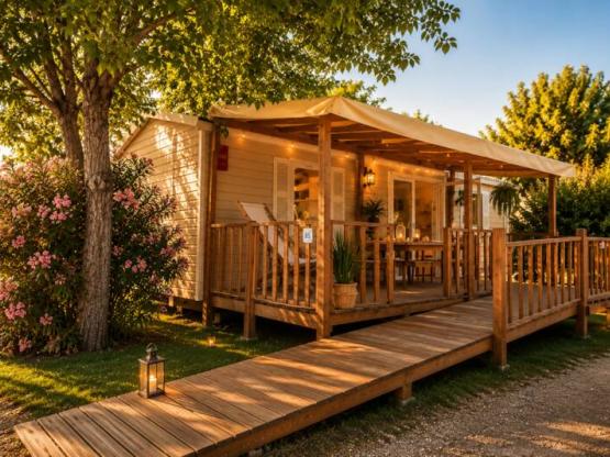 Mobil home PMR Confort 35m² + aire acondicionado (2 habotaciones) Adaptado para personas con movilidad reducida + terraza cubierta