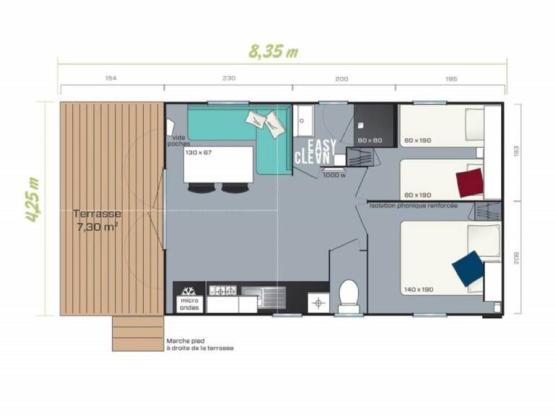Mobilheim PREMIUM 4pers 2 Schlafzimmer - Klimaanlage, Bettwäsche, überdachte Terrasse